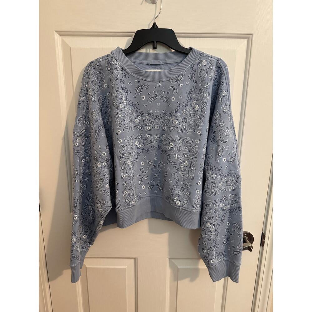 Aerie Crop Take it Easy Sweatshirt Crew Neck Blue Paisley Size XL - Picture 2 of 8